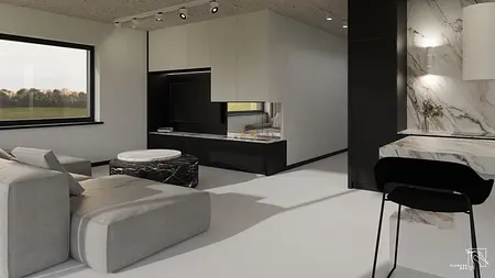 Wnętrze salonu z minimalistycznym designem, nowoczesne meble w odcieniach szarości.