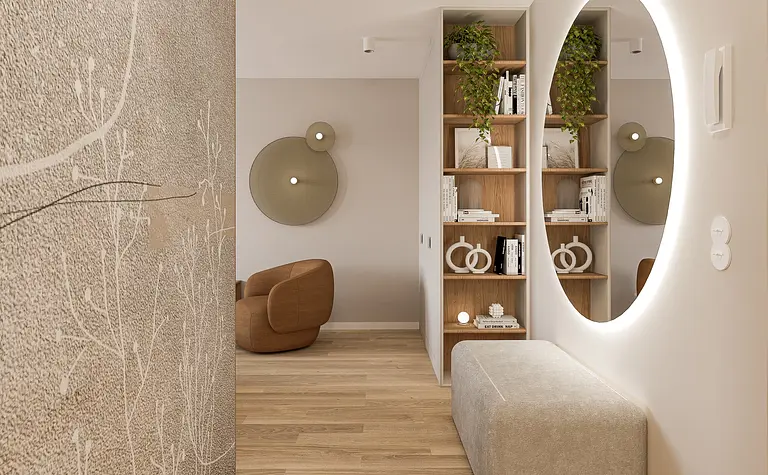 Przedpokój w stylu boho, eklektycznym i minimalistycznym z lustrem i regałem.