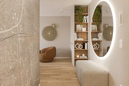 Przedpokój w stylu boho, eklektycznym i minimalistycznym z lustrem i regałem.