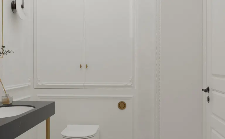 Elegancka łazienka w stylu art deco i minimalistycznym z tradycyjnymi elementami.