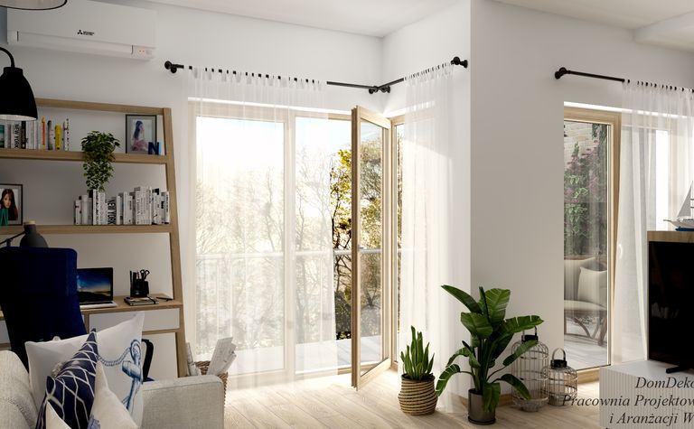 Wnętrze z roślinami, jasnymi meblami i dużymi oknami w stylu dopamine decor, japandi, minimalistycznym.