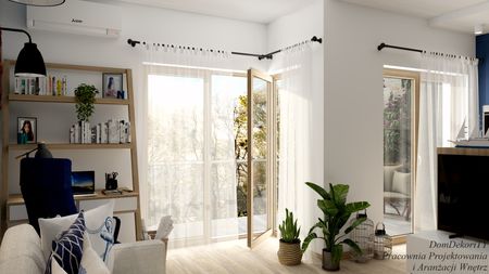 Wnętrze z roślinami, jasnymi meblami i dużymi oknami w stylu dopamine decor, japandi, minimalistycznym.