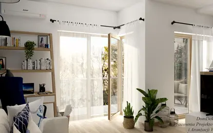 Wnętrze z roślinami, jasnymi meblami i dużymi oknami w stylu dopamine decor, japandi, minimalistycznym.