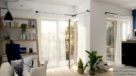 Wnętrze z roślinami, jasnymi meblami i dużymi oknami w stylu dopamine decor, japandi, minimalistycznym.