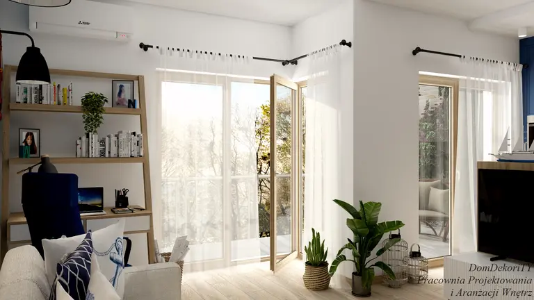 Wnętrze z roślinami, jasnymi meblami i dużymi oknami w stylu dopamine decor, japandi, minimalistycznym.