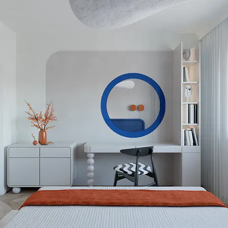 Pokój z biurkiem, niebieskim akcentem i eklektycznym stylem dopamine decor.