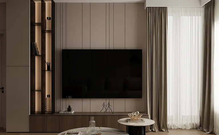 Nowoczesny salon z telewizorem, jasnymi meblami i minimalistycznym wystrojem.