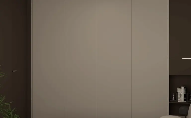 Sypialnia z minimalistycznym designem, brązowe ściany, nowoczesne meble.