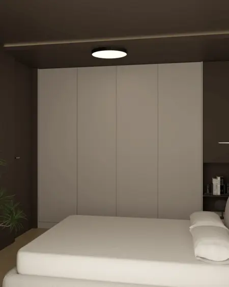 Sypialnia z minimalistycznym designem, brązowe ściany, nowoczesne meble.