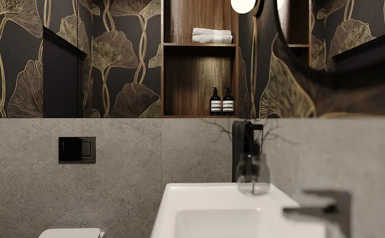 Wnętrze łazienki z betonowymi ścianami i drewnianymi półkami, styl glamour i minimalistyczny.