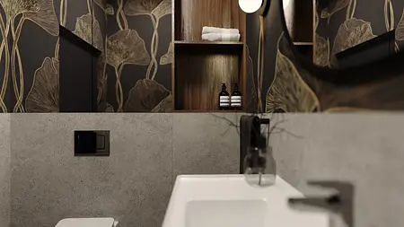 Wnętrze łazienki z betonowymi ścianami i drewnianymi półkami, styl glamour i minimalistyczny.