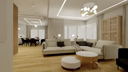 Wnętrze nowoczesnego salonu z jasnymi meblami i drewnianym stołem, oświetleniem LED.