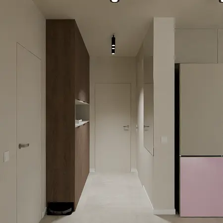Przedpokój z brązową szafą, białymi ścianami i różową lodówką. Współczesny design.