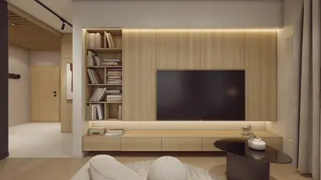 Salon japandi, minimaluxe, nowoczesny, soft minimalizm, współczesny z drewnianą zabudową TV i jasną sofą