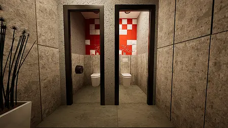 Wnętrze toalety z szarymi ścianami i czerwonymi płytkami, minimalistyczny design.