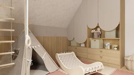 Pokój dziecięcy w stylu boho z namiotem i drewnianymi akcentami.