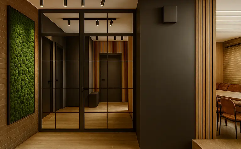 Przedpokój w stylu industrialnym z drewnianymi detalami i zielonymi akcentami.