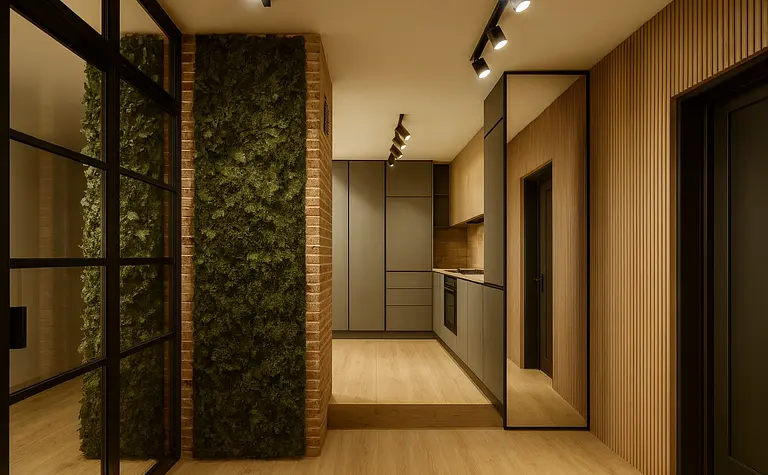 Wnętrze kuchni z szarymi meblami i drewnianymi akcentami w stylu industrialnym.