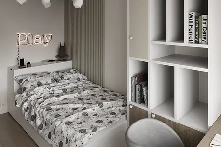 Wnętrze pokoju z łóżkiem, regałem i lampą, styl industrialny, japandi i minimalistyczny.