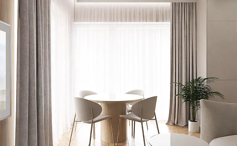 Wnętrze jadalni w stylu japandi, minimalistycznym, nowoczesnym i współczesnym z okrągłym stołem.