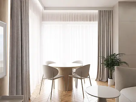 Wnętrze jadalni w stylu japandi, minimalistycznym, nowoczesnym i współczesnym z okrągłym stołem.