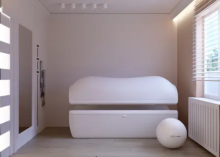 Wnętrze minimalistycznego pokoju z białym łóżkiem i drewnianą podłogą w stylu art deco.