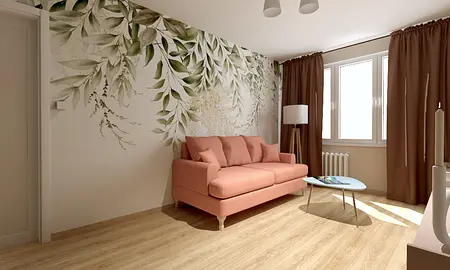 Wnętrze salonu z różową sofą i zieloną tapetą. Styl współczesny.