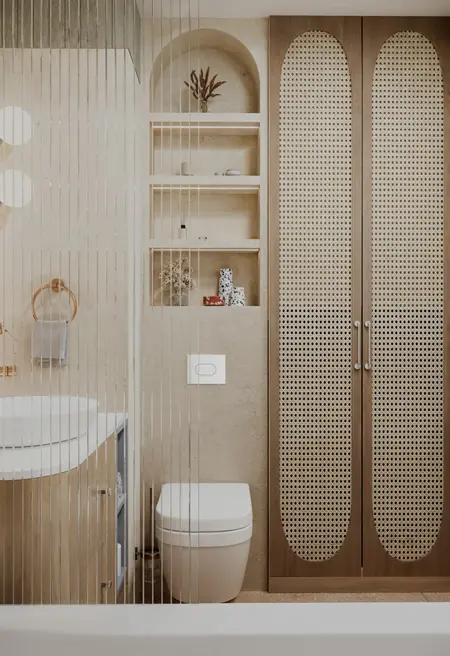 Nowoczesna łazienka w stylu boho, japandi i minimalistycznym z drewnianymi elementami.