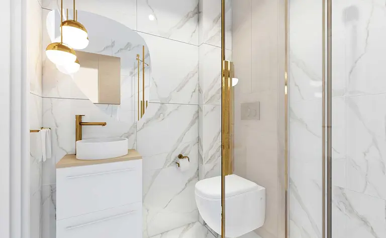 Nowoczesna łazienka z białymi kaflami, złotymi detalami, art deco, glamour, minimaluxe, quiet luxury.
