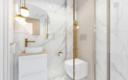 Nowoczesna łazienka z białymi kaflami, złotymi detalami, art deco, glamour, minimaluxe, quiet luxury.