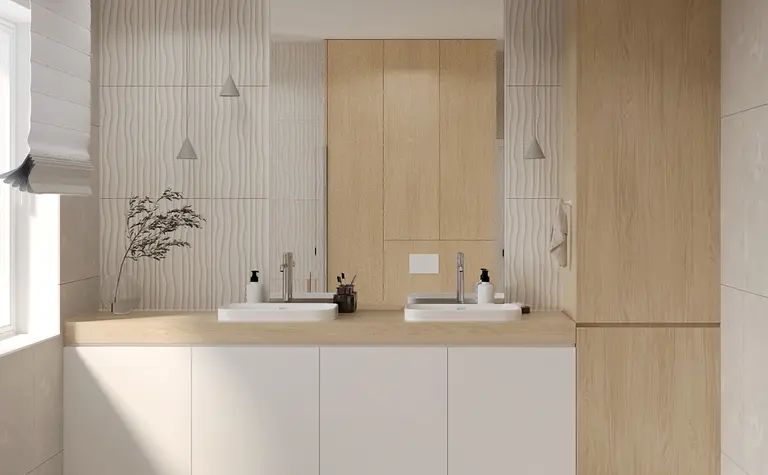 Łazienka w stylu japandi z minimalistycznymi meblami i nowoczesnymi akcentami.