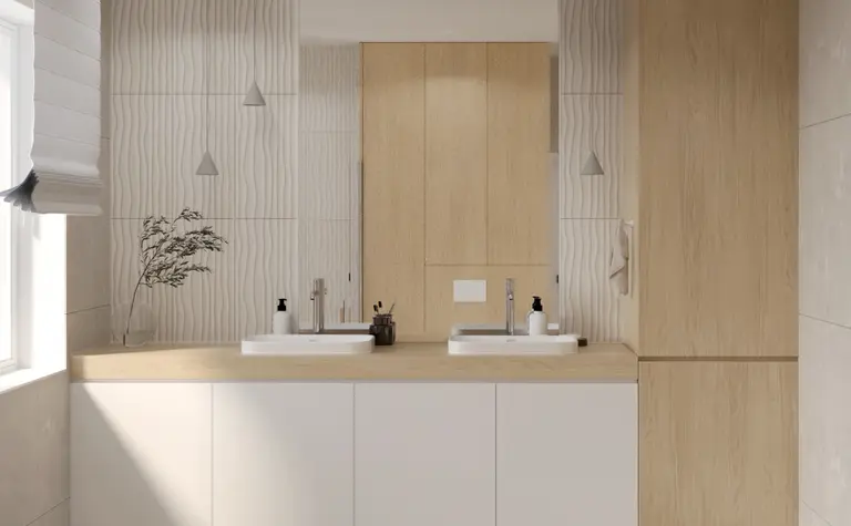 Łazienka w stylu japandi z minimalistycznymi meblami i nowoczesnymi akcentami.