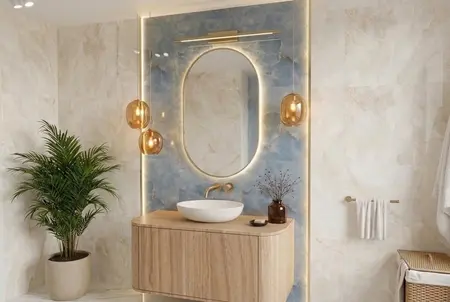 Łazienka glamour, nowoczesny, współczesny design: drewniana szafka, owalne lustro i złote lampy wiszące