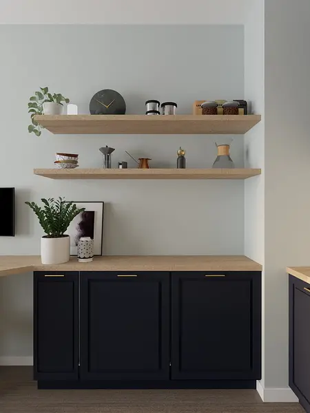 Wnętrze kuchni z ciemnymi meblami, drewnianym blatem i dekoracjami w stylu dopamine decor, eklektycznym, nowoczesnym.