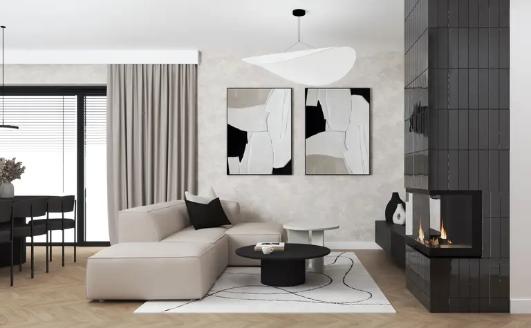 Wnętrze salonu w stylu industrialnym i minimalistycznym z nowoczesnym kominkiem.