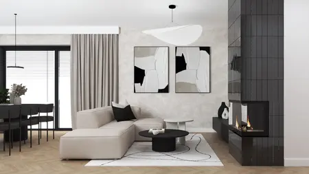 Wnętrze salonu w stylu industrialnym i minimalistycznym z nowoczesnym kominkiem.