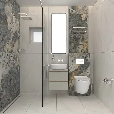 Nowoczesna łazienka z elementami dopamine decor, industrialnym i minimalistycznym.
