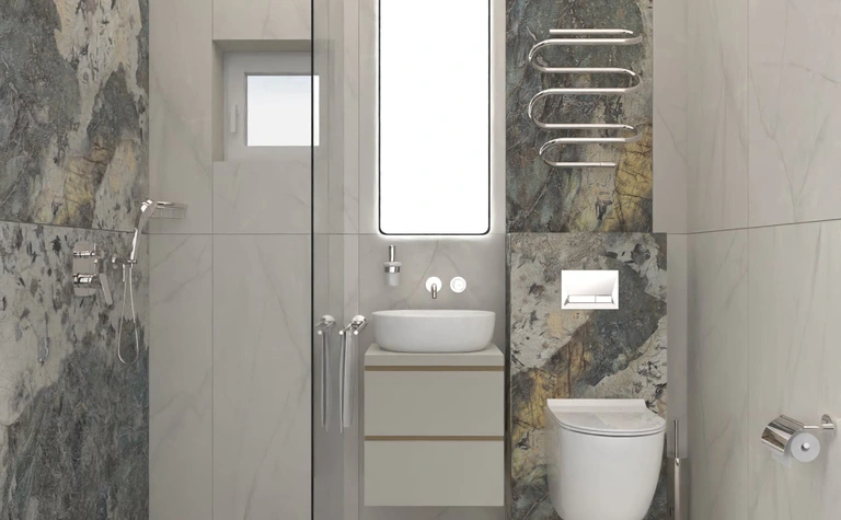 Nowoczesna łazienka z elementami dopamine decor, industrialnym i minimalistycznym.