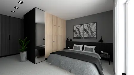 Wnętrze sypialni w stylu minimalistycznym z szarymi ścianami, drewnianą szafą i nowoczesnym oświetleniem.