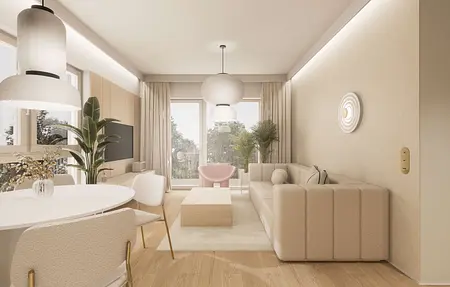 Wnętrze salonu w stylu japandi, minimalistycznym, nowoczesnym, quiet luxury.