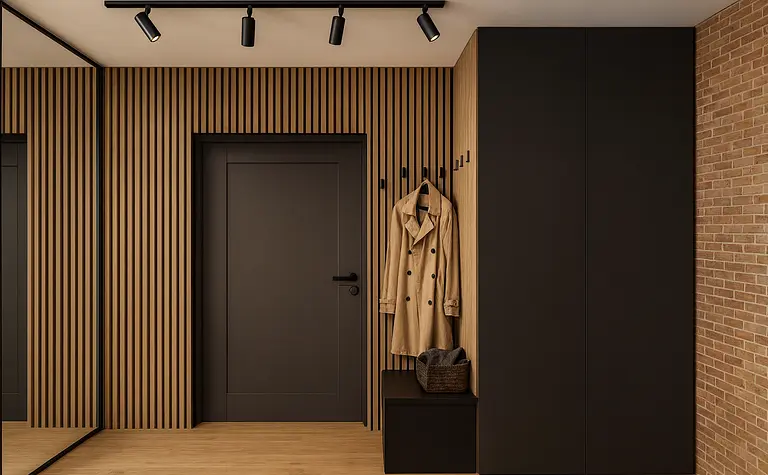 Przedpokój w stylu industrialnym z drewnianymi panelami, lustrem i czarnymi detalami.