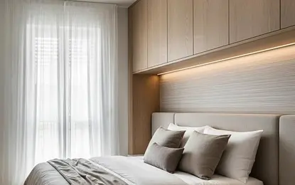 Sypialnia w stylu japandi z minimalistycznym wystrojem, soft minimalizm, quiet luxury.