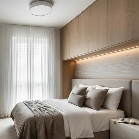 Sypialnia w stylu japandi z minimalistycznym wystrojem, soft minimalizm, quiet luxury.