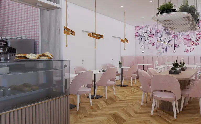 Wnętrze kawiarni z różowymi meblami i roślinami w stylu dopamine decor.