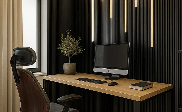 Wnętrze gabinetu z czarną ścianą, drewnianym biurkiem i nowoczesnym oświetleniem.