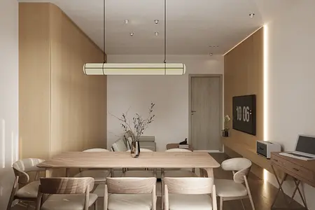 Wnętrze jadalni w stylu industrialnym i japandi z drewnianym stołem oraz minimalistycznymi meblami.