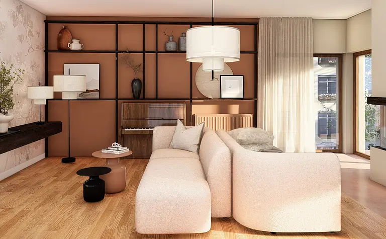 Nowoczesne wnętrze salonu w stylu japandi z beżową sofą i brązowymi detalami.