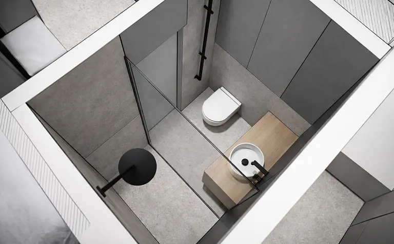 Nowoczesna łazienka w stylu japandi z minimalistycznymi detalami.