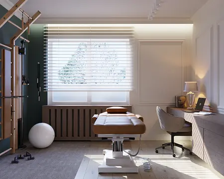 Gabinet w stylu art deco z minimalistycznym biurkiem i nowoczesnym fotelem.