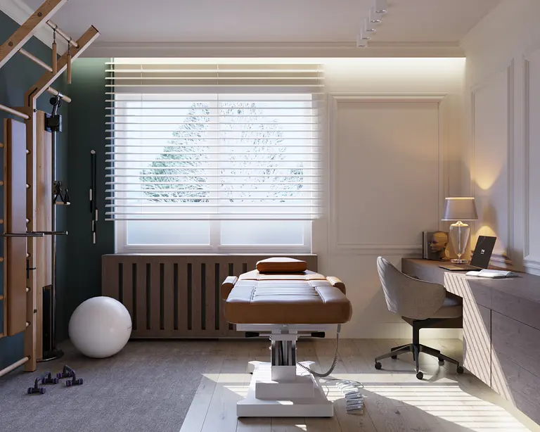 Gabinet w stylu art deco z minimalistycznym biurkiem i nowoczesnym fotelem.